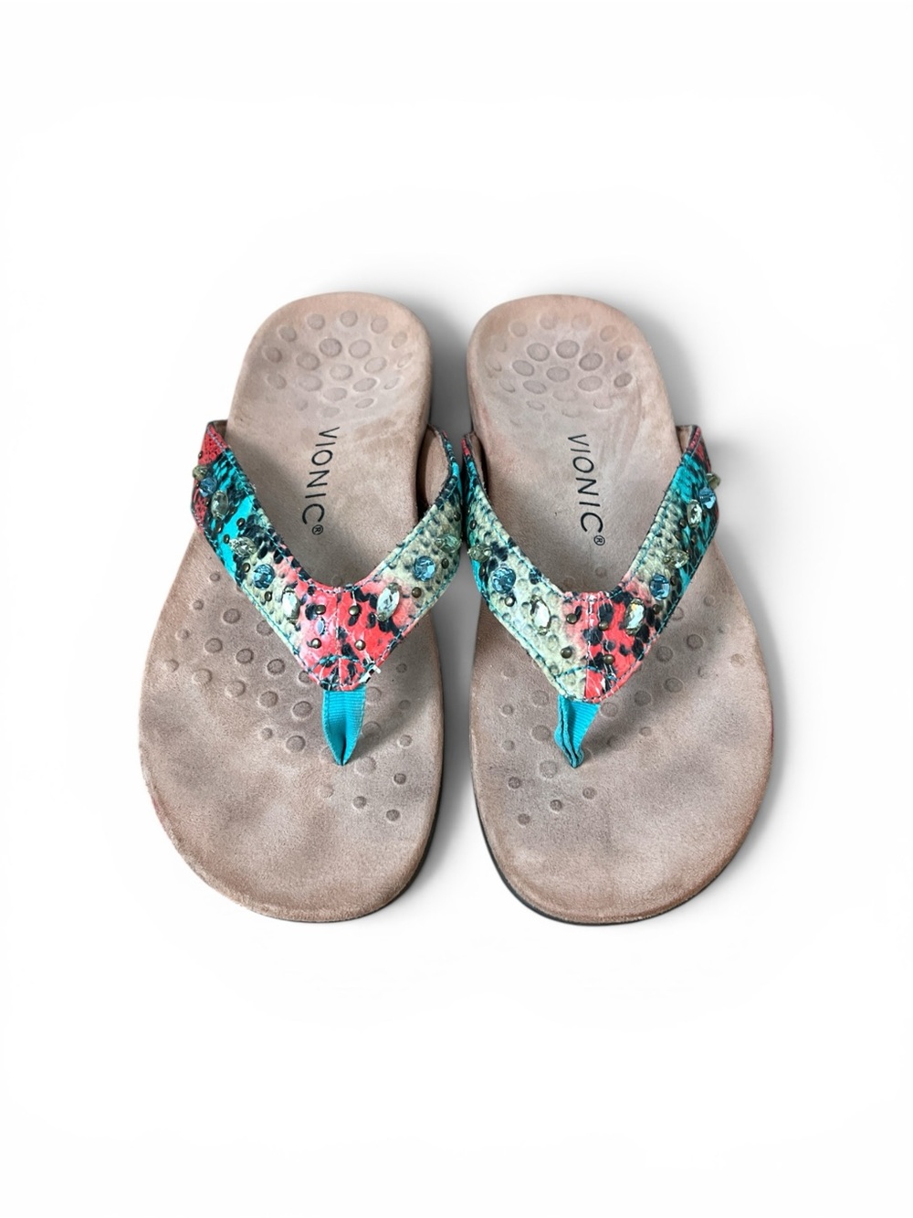 Vionic Embellished snake print multi color Flip Flop Sandals Women’s 8.5
